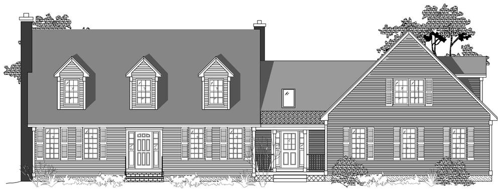 This is the black and white front elevation for these Cape Cod Houseplans.