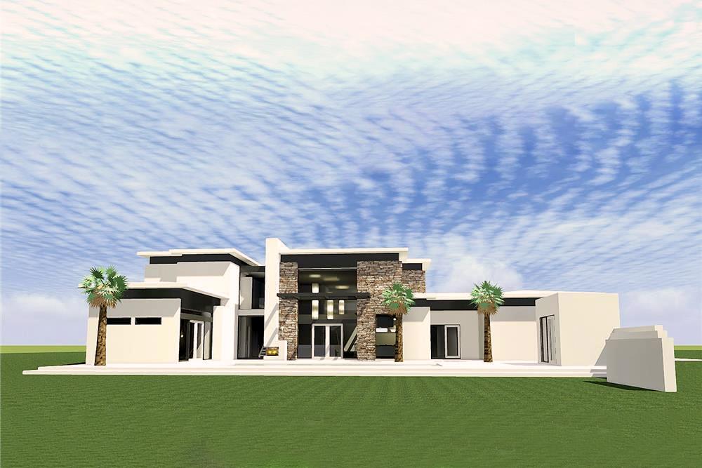 Color rendering of Modern home plan (ThePlanCollection: House Plan #116-1080)