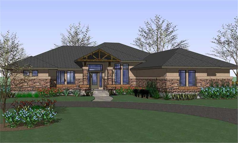 Front elevation of Prairie home (ThePlanCollection: House Plan #117-1078)