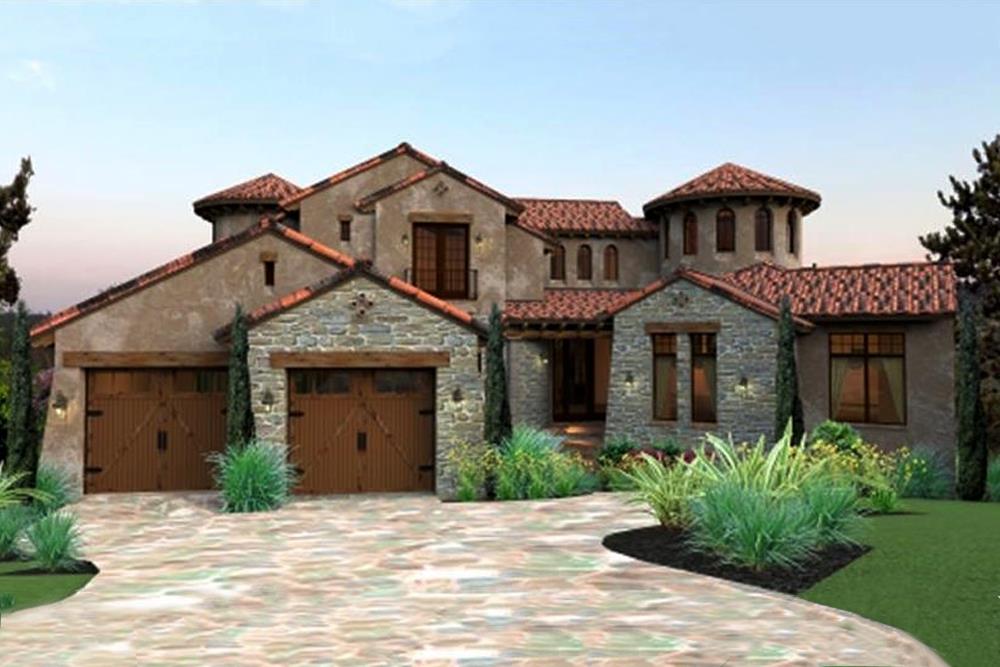Color photo-realistic rendering of Mediterranean home plan (ThePlanCollection: House Plan #117-1122)