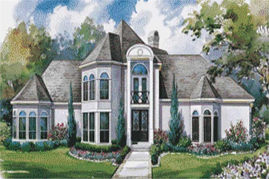 This image shows the front elevation of these French House Plans, European House Plans.