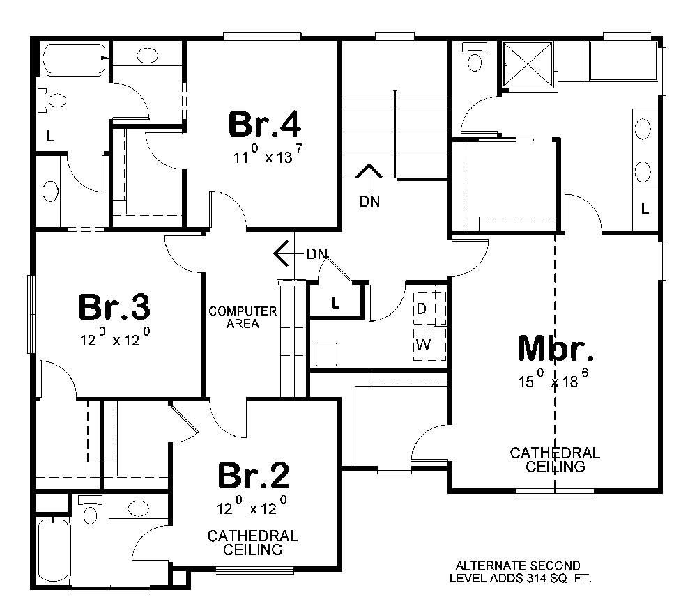 Floor Plan Second Story of Traditional Plan #120-2304