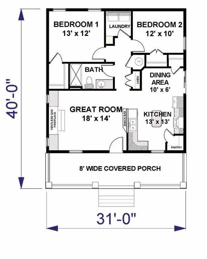 2 Bedrm 992 Sq Ft Small Homes Style, 2 Bedroom Bathroom House Plans