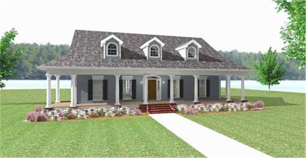 This is a computer rendered front elevation of these Country House Plans.