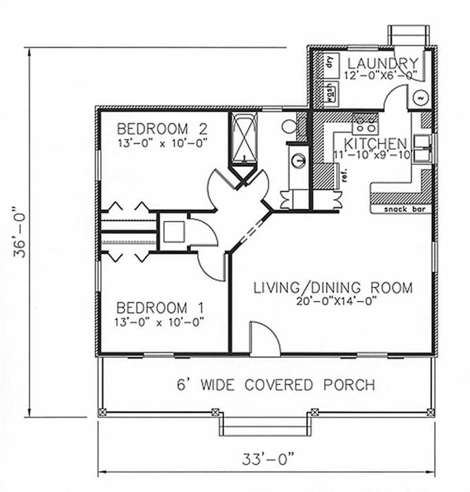 country house plan - 2 bedrms, 1 baths - 864 sq ft - #123-1050