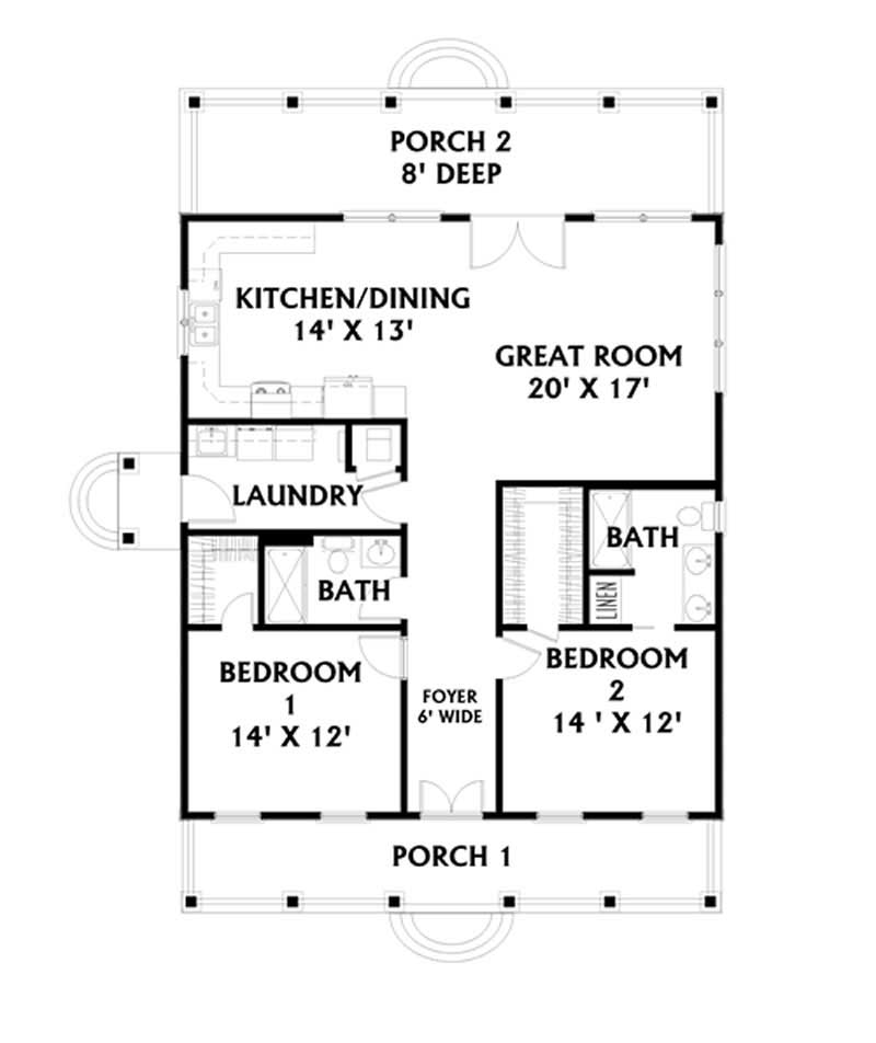 Floor Plan Main Level of Bungalow Plan #123-1071