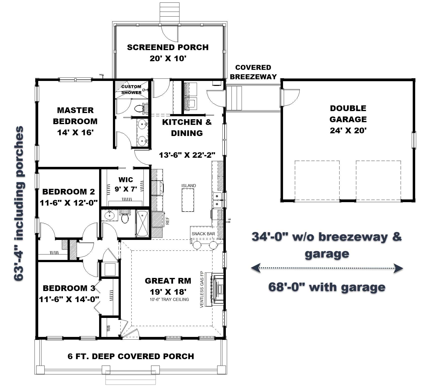 Floor Plan Main Level of Ranch Plan #123-1096
