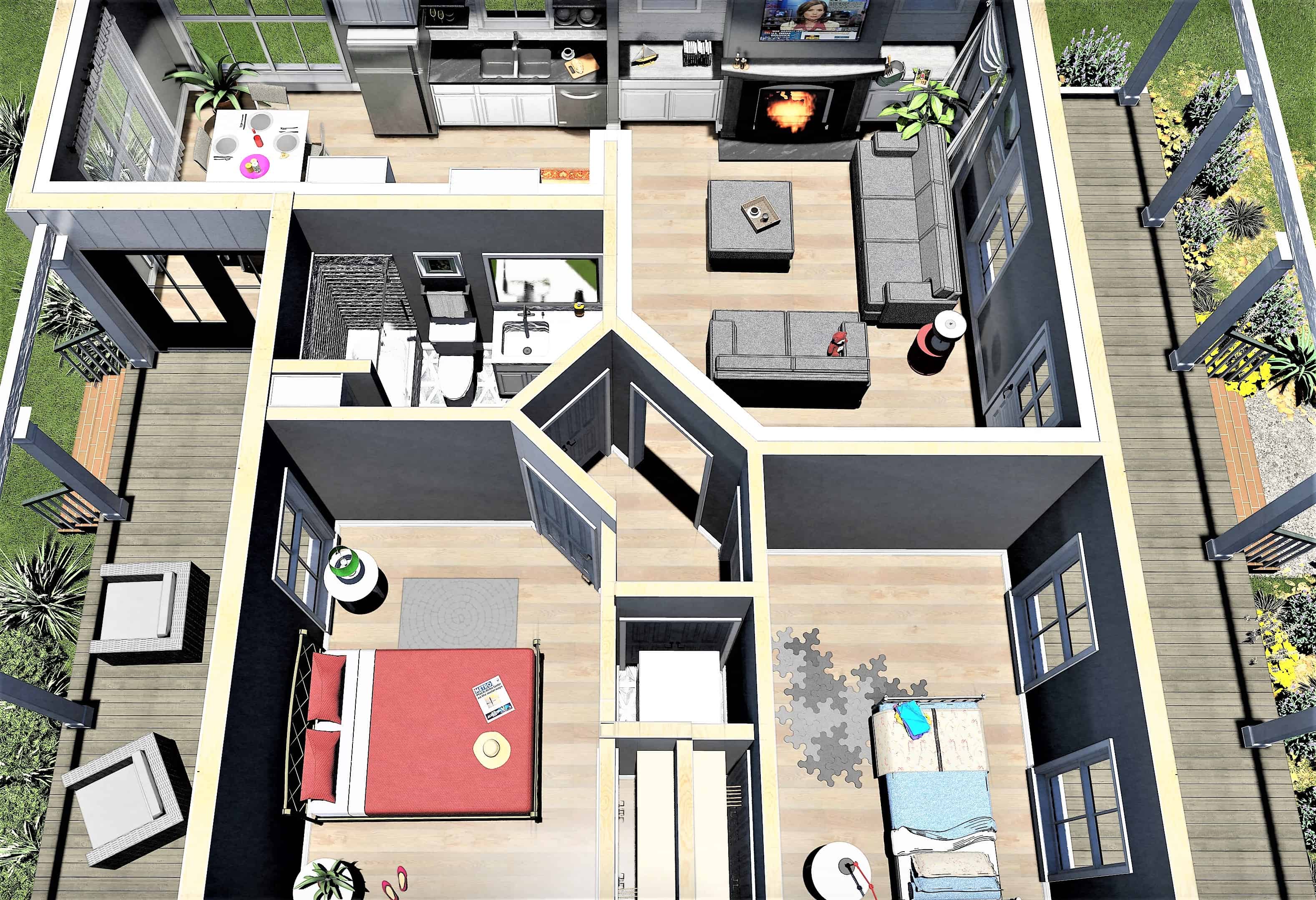 3D Floor Plan of this 2-Bedroom, 890 Sq Ft Plan - 123-1108