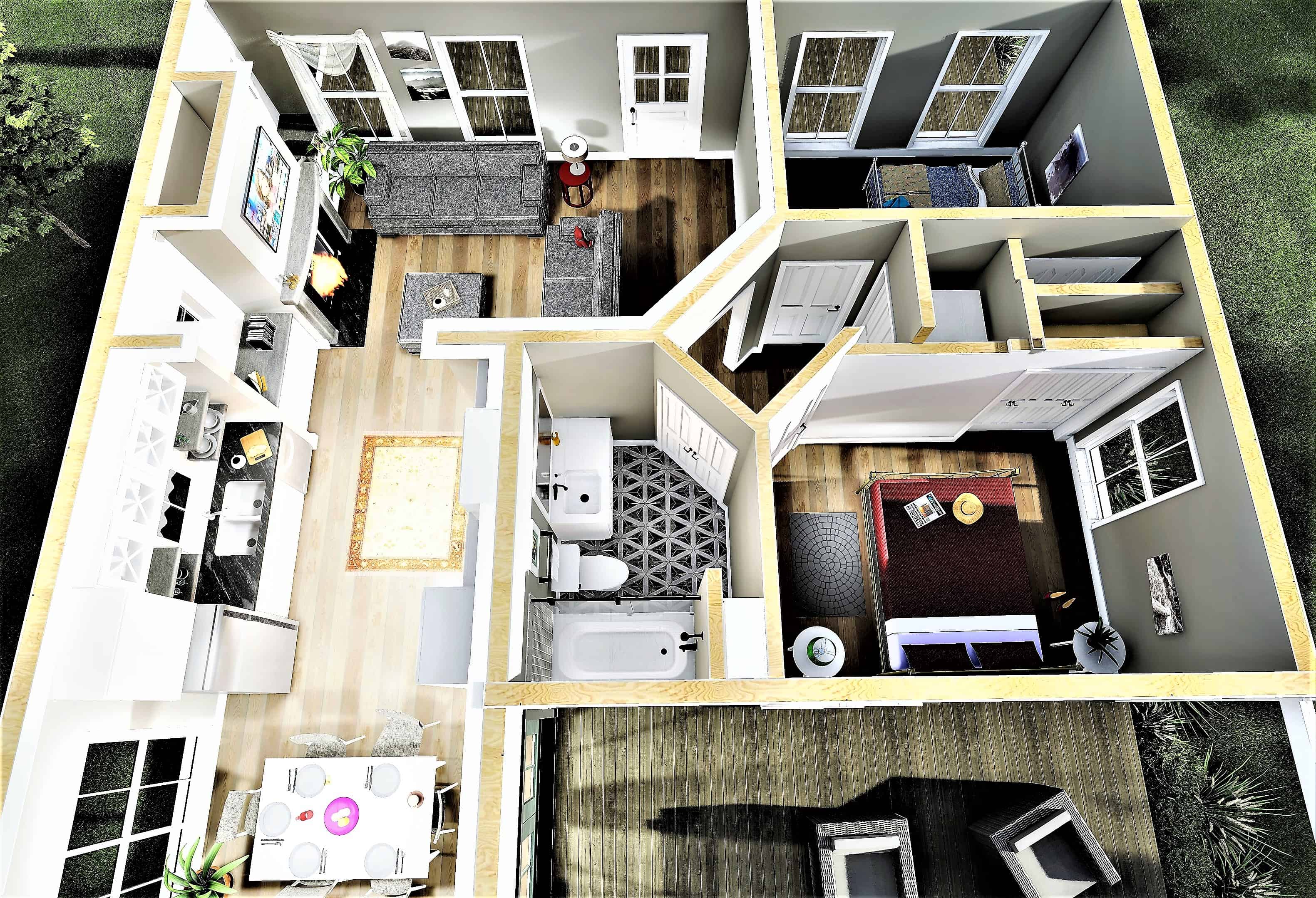 3D Floor Plan of this 2-Bedroom, 890 Sq Ft Plan - 123-1108