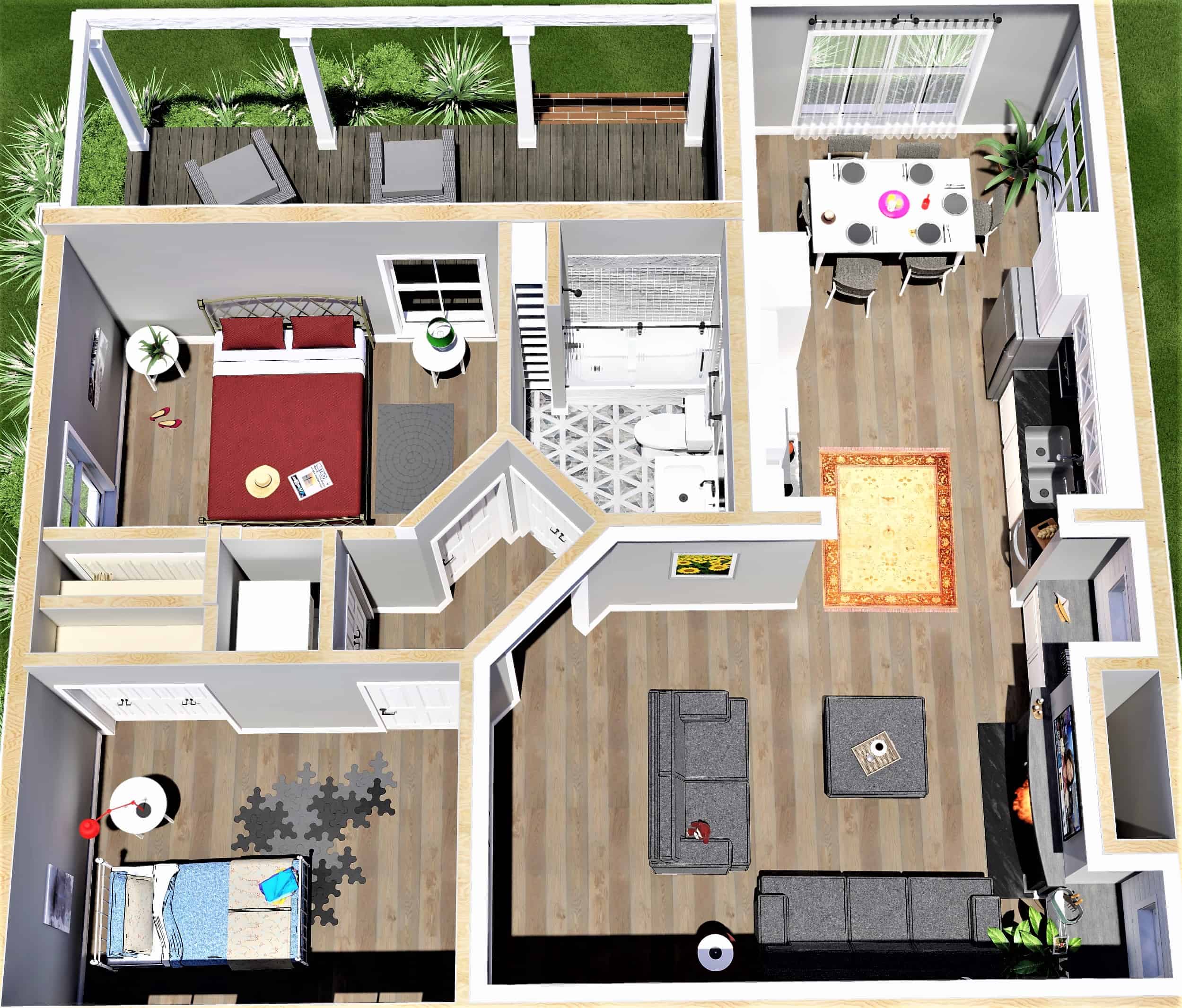 3D Floor Plan of this 2-Bedroom, 890 Sq Ft Plan - 123-1108