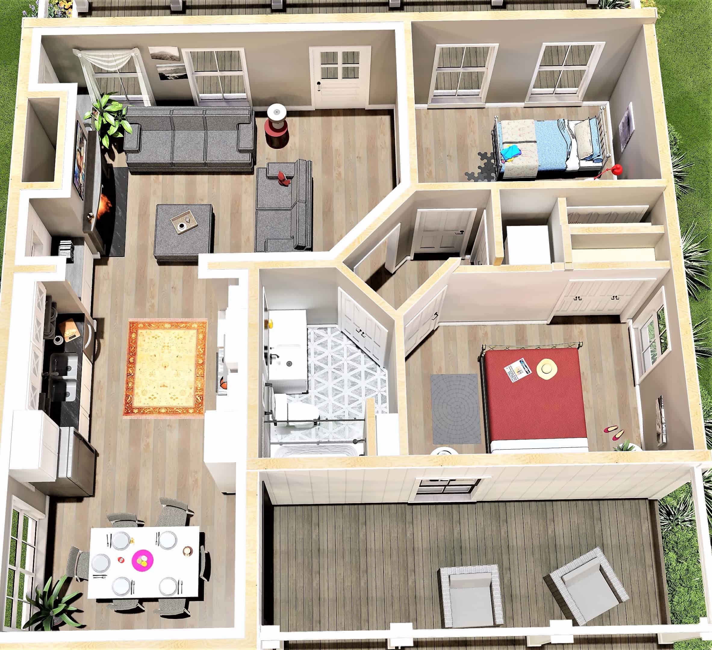 3D Floor Plan of this 2-Bedroom, 890 Sq Ft Plan - 123-1108