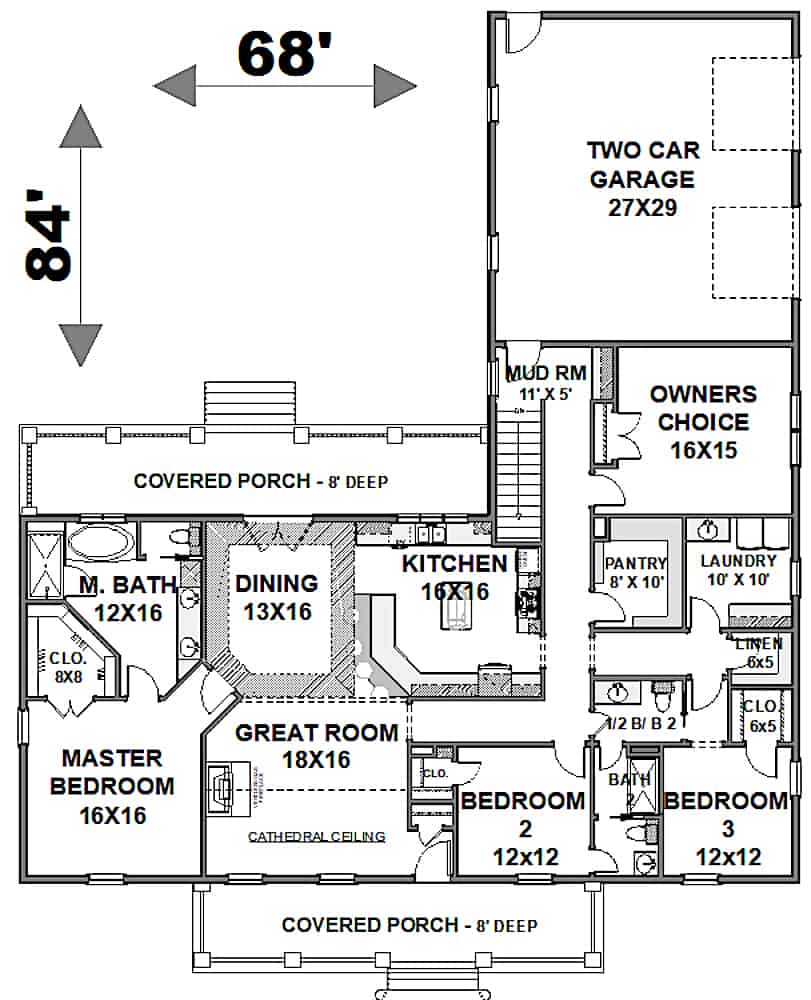 Floor Plan Main Level of Ranch Plan #123-1113