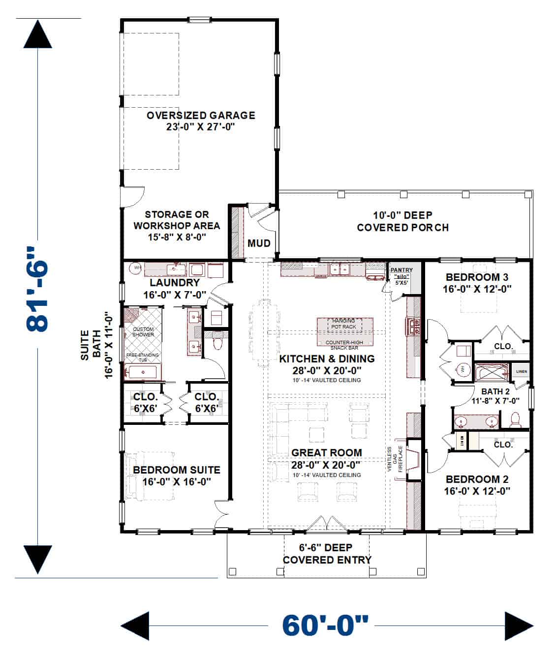 Main Level of Barn Style Plan #123-1130