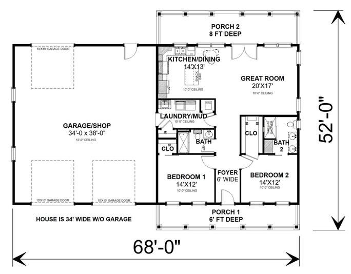Barn Style Home Plan - 2 Bedrms, 2 Baths - 1295 Sq Ft - #123-1131