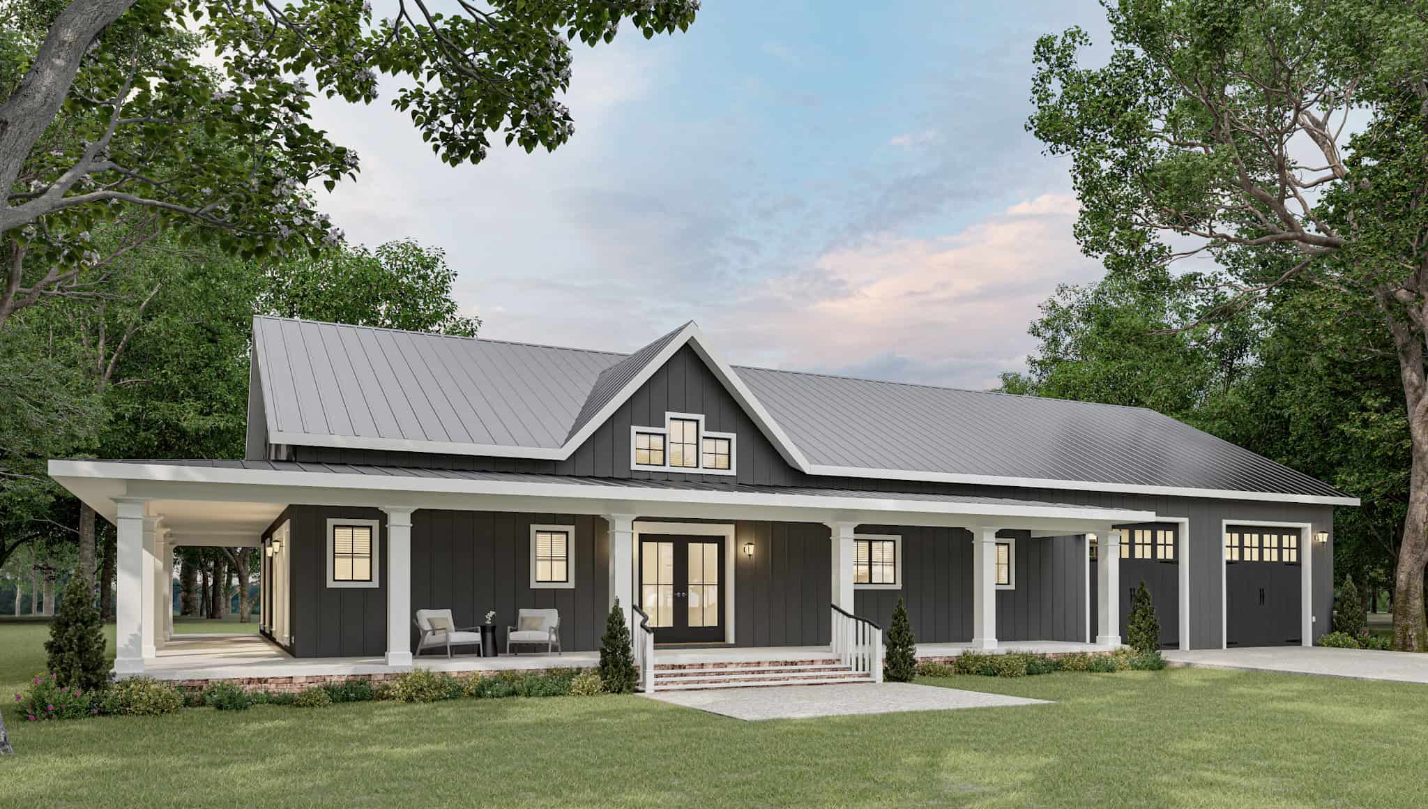 Front elevation of Modern Farmhouse home (ThePlanCollection: House Plan #123-1163)