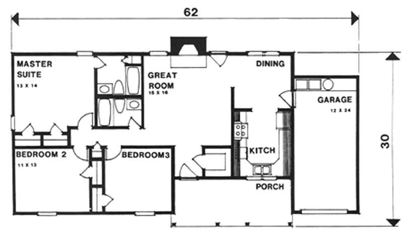 Floor Plan First Story of Ranch Plan #124-1110