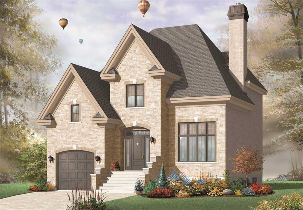 This image shows the front elevation of these European House Plans.