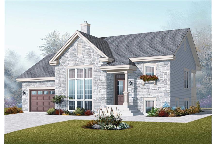 This image shows the front elevation for these Split-Level House Plans.
