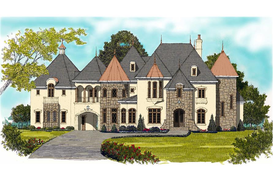 Luxury homeplans color front elevation.