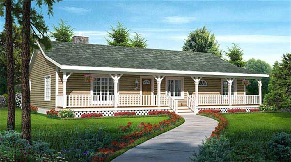This is the front elevation for these Country Ranch House Plans.