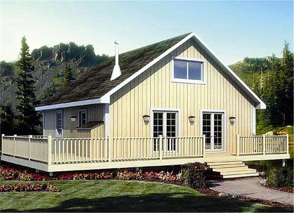 This is the front elevation for these Cabin House Plans.