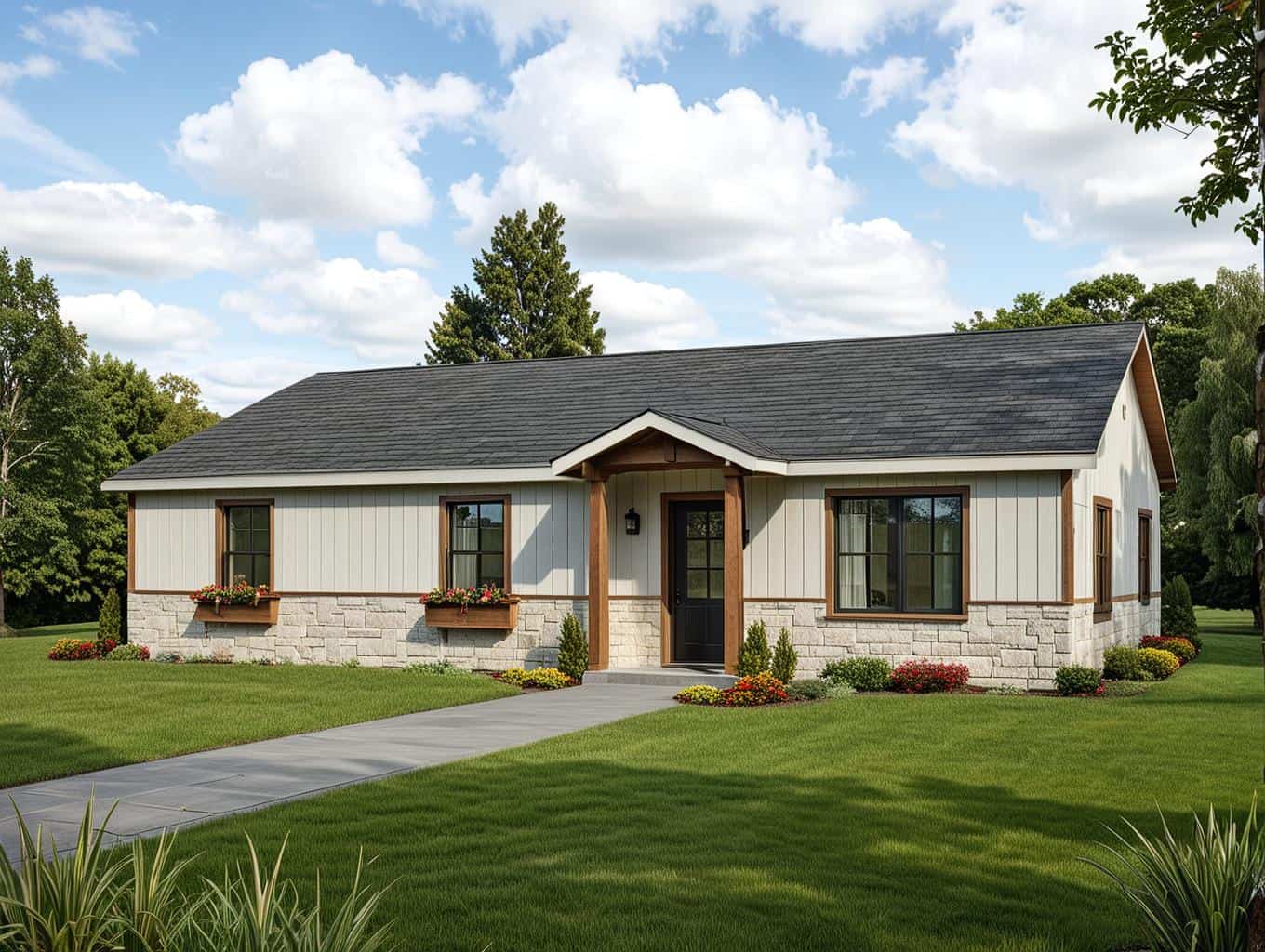 Front Elevation of this Ranch House (#132-1262) at The Plan Collection.