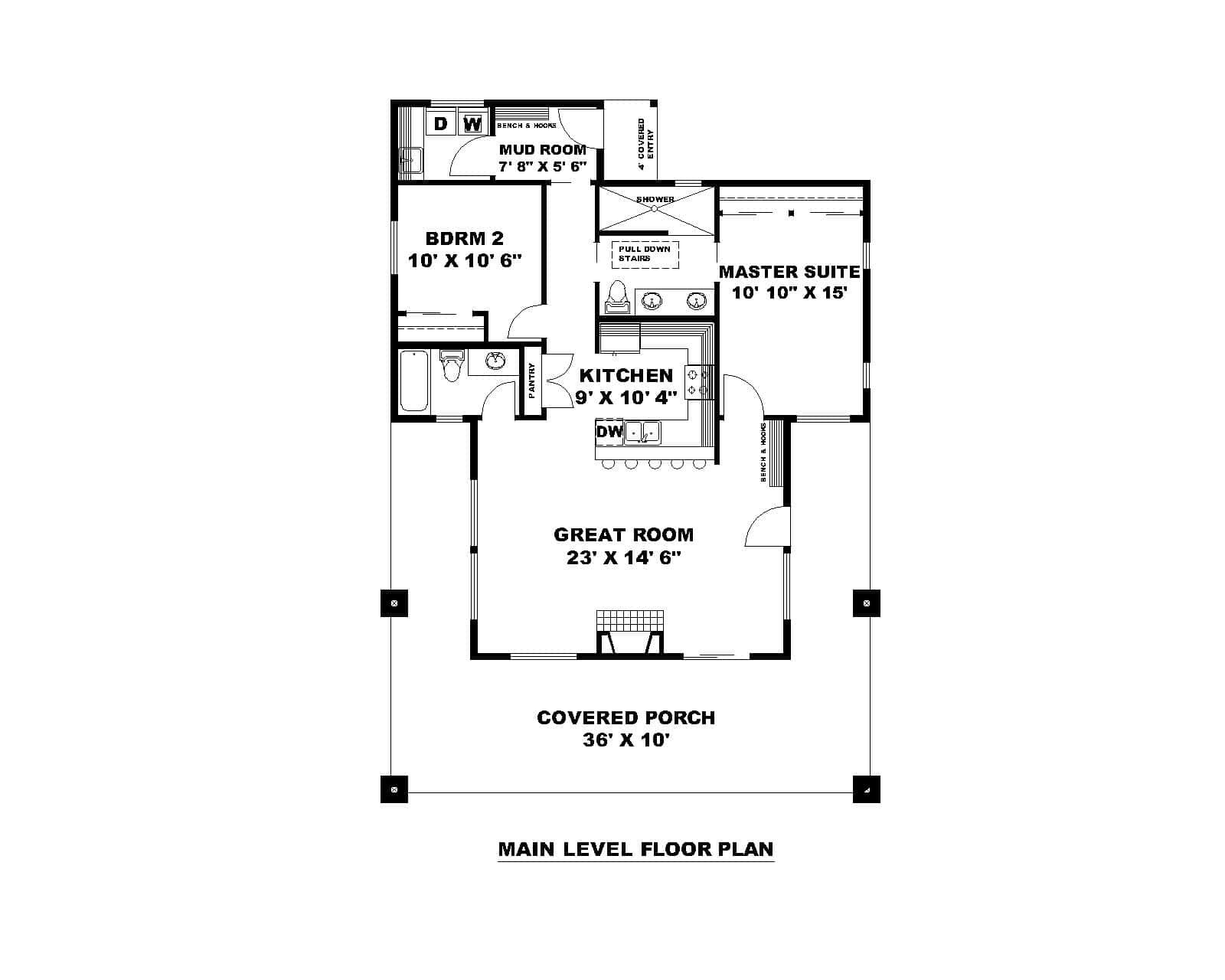 Main Level of Bungalow Plan #132-1751