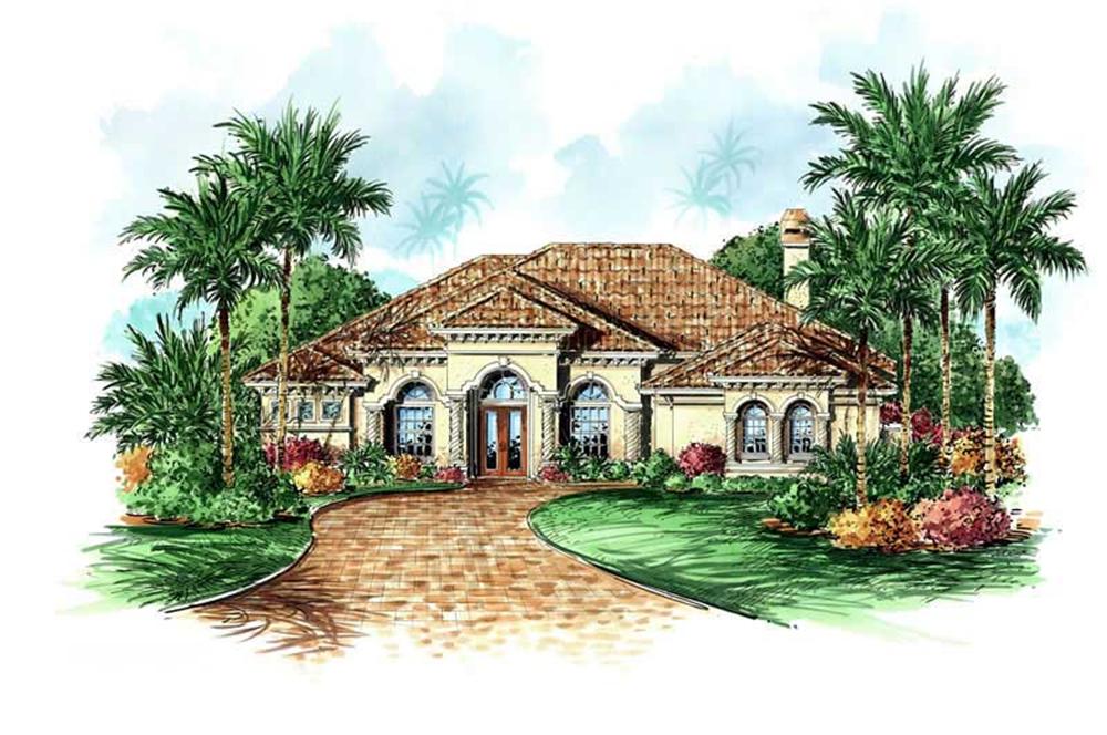 This image shows the exterior for these Mediterranean House Plans.