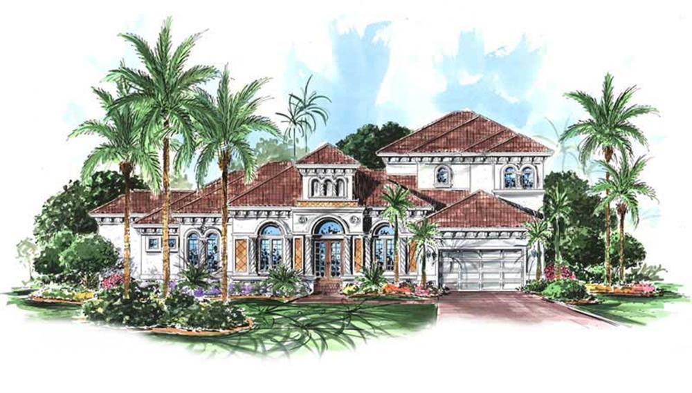 This image shows the front elevation for these Mediterranean House Plans.
