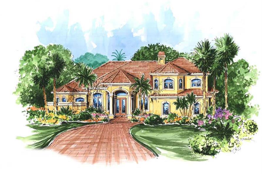 This image shows the front elevation for these Mediterranean House Plans, Florida House Plans, Spanish House Plans.