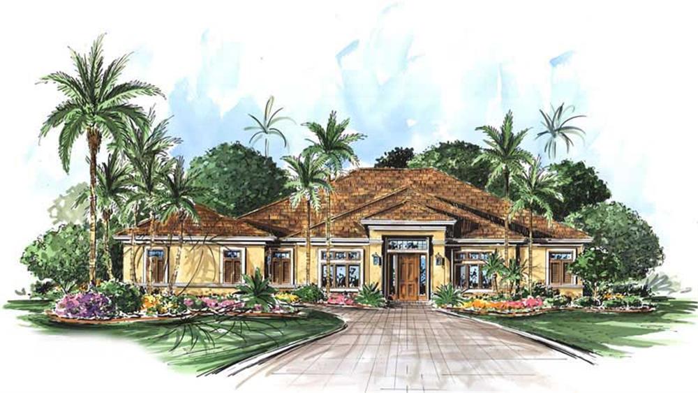 This image shows the front elevation for this set of Mediterranean House Plans