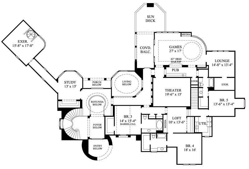 Floor Plan Upper Level of Luxury Plan #134-1039