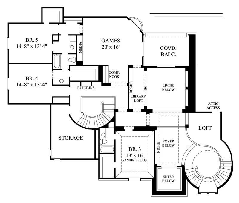 Floor Plan Second Story of European Plan #134-1097