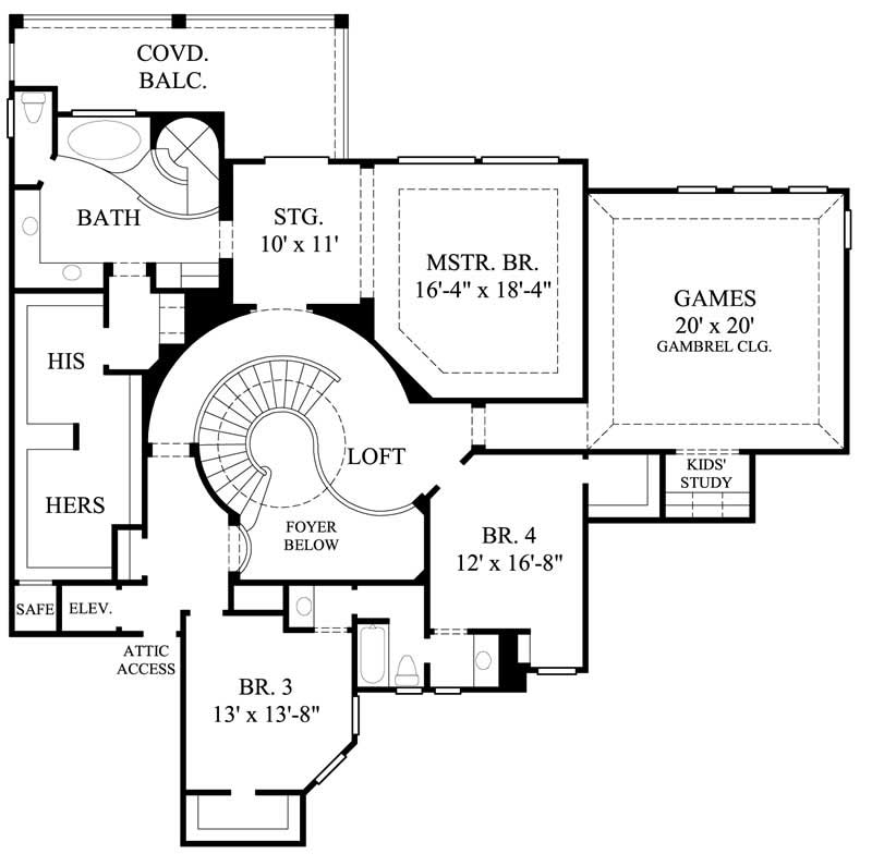 Floor Plan Second Story of Mediterranean Plan #134-1128