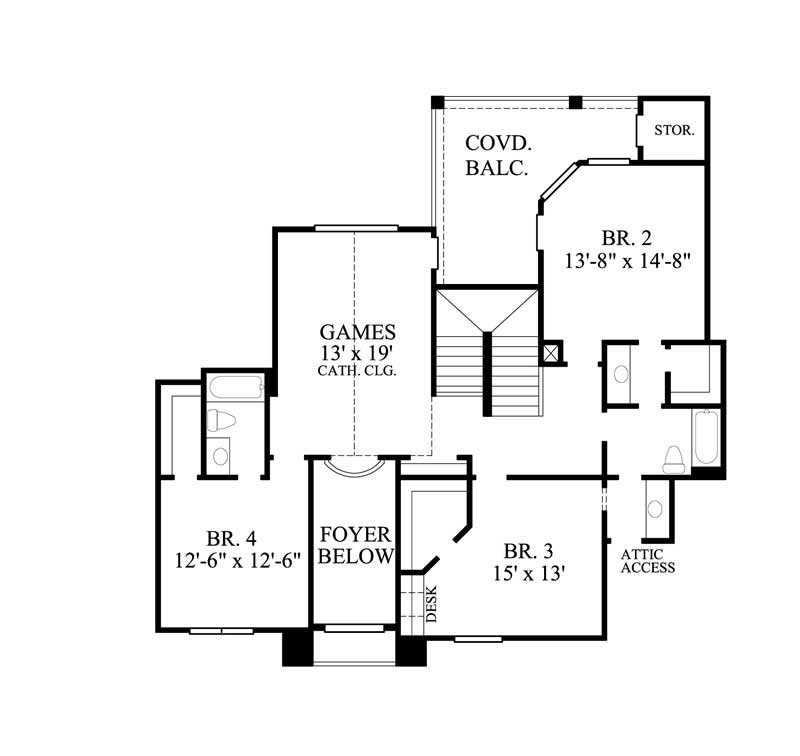 Floor Plan Second Story of European Plan #134-1193