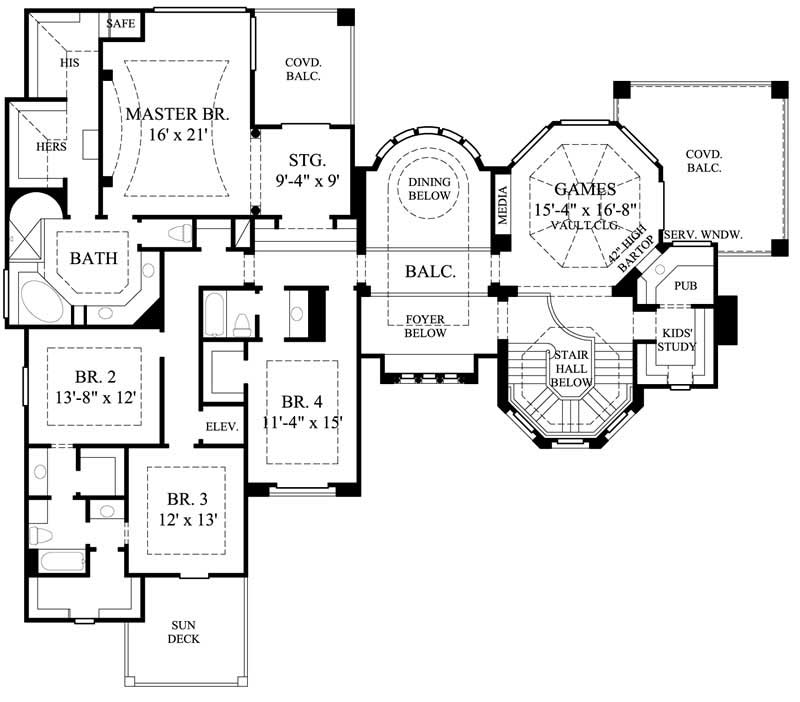Floor Plan Second Story of Mediterranean Plan #134-1321