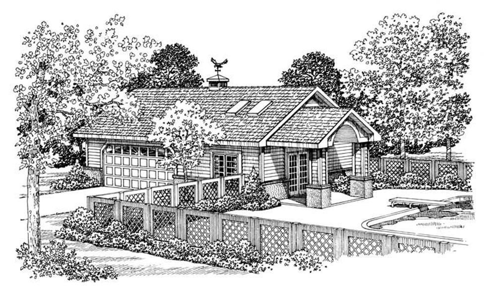 Front elevation of Garage with poolside cabana (ThePlanCollection: House Plan #137-1105)