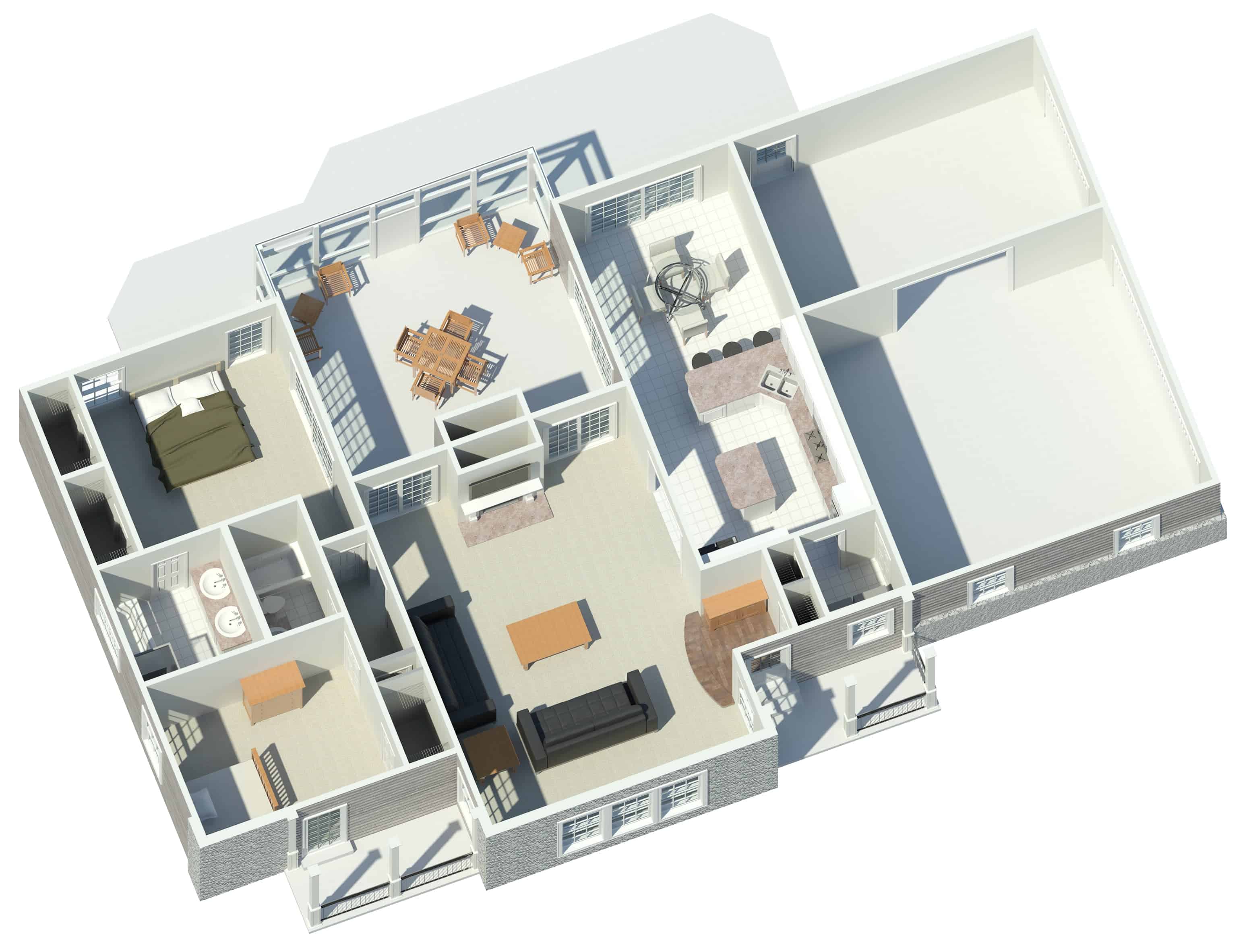 3D Floor Plan of this 2-Bedroom, 1568 Sq Ft Plan - 138-1168