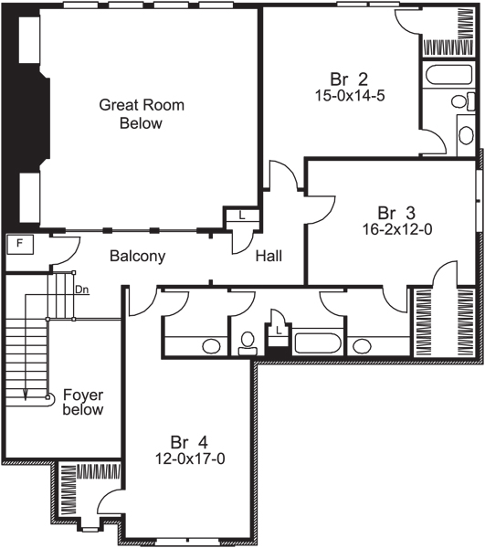 Floor Plan Second Story of European Plan #138-1216
