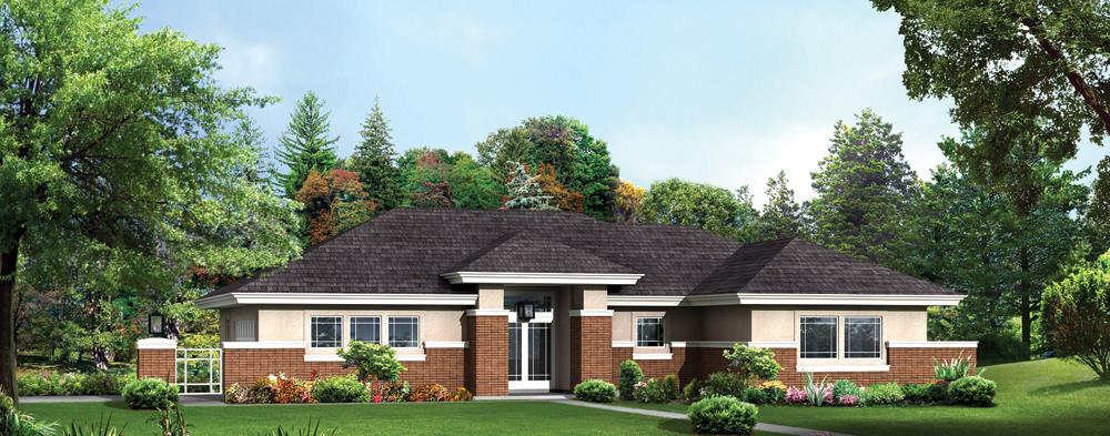 Front elevation of Prairie home (ThePlanCollection: House Plan #138-1281)