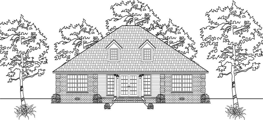 This is a black and white front elevation of these Transitional House Plans.
