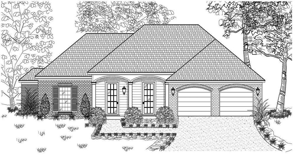 This is a black and white front elevation rendering for these Small House Plans.