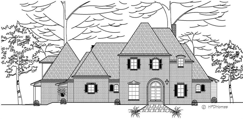 This is is a black and white front elevation of these European House Plans.