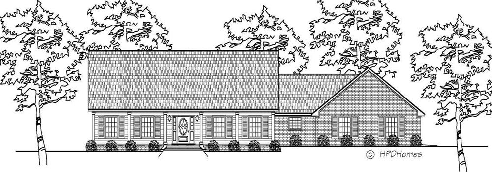 This is a black and white elevation for these Ranch Home Plans.