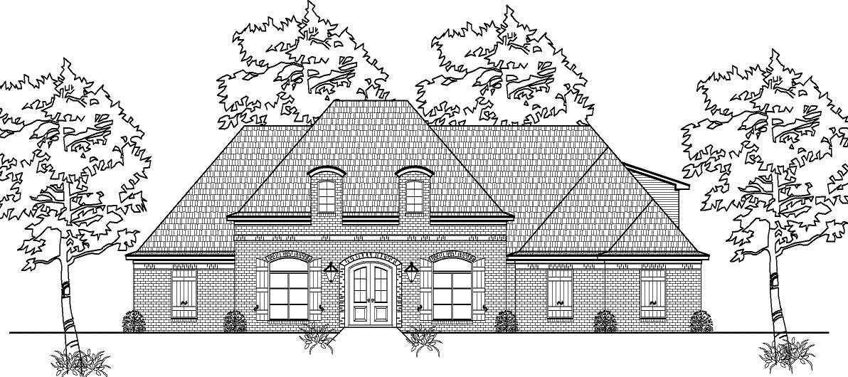 This is a black and white front elevation for these European House Plans.