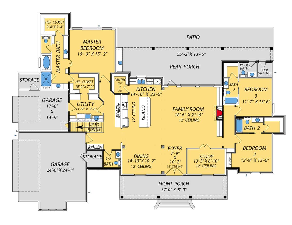 Main Level of Farmhouse Plan #140-1140