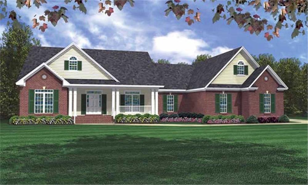 Color rendering of Ranch home plan (ThePlanCollection: House Plan #141-1004)