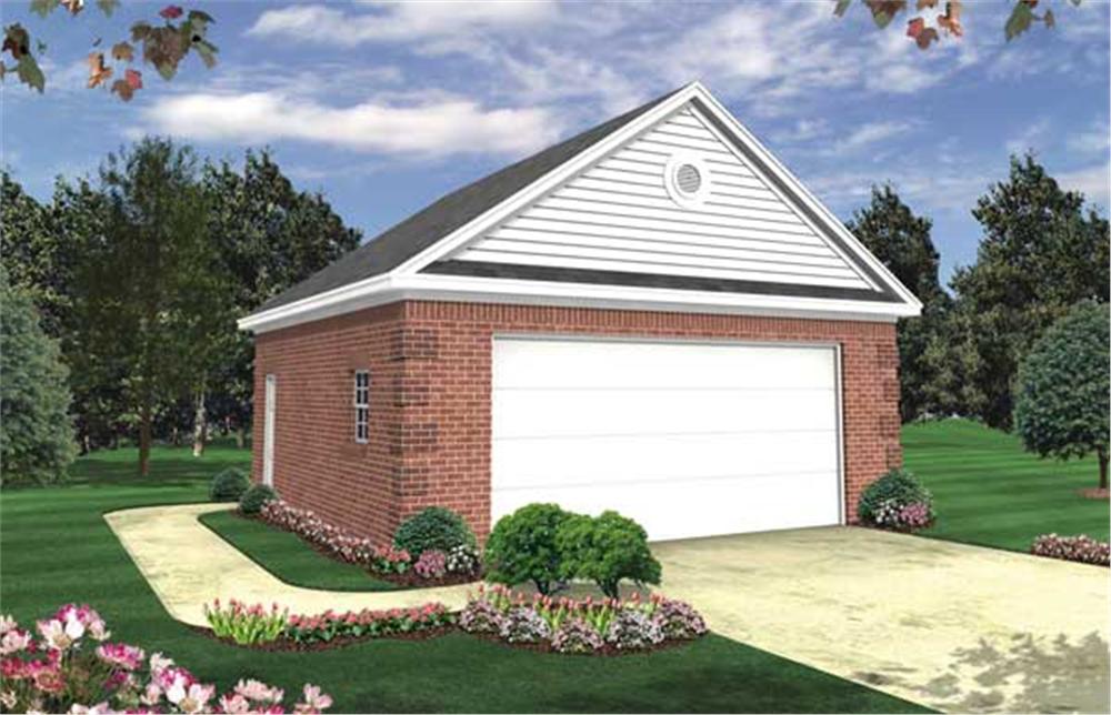 This is an artist's rendering of the front of these Garage Plans.