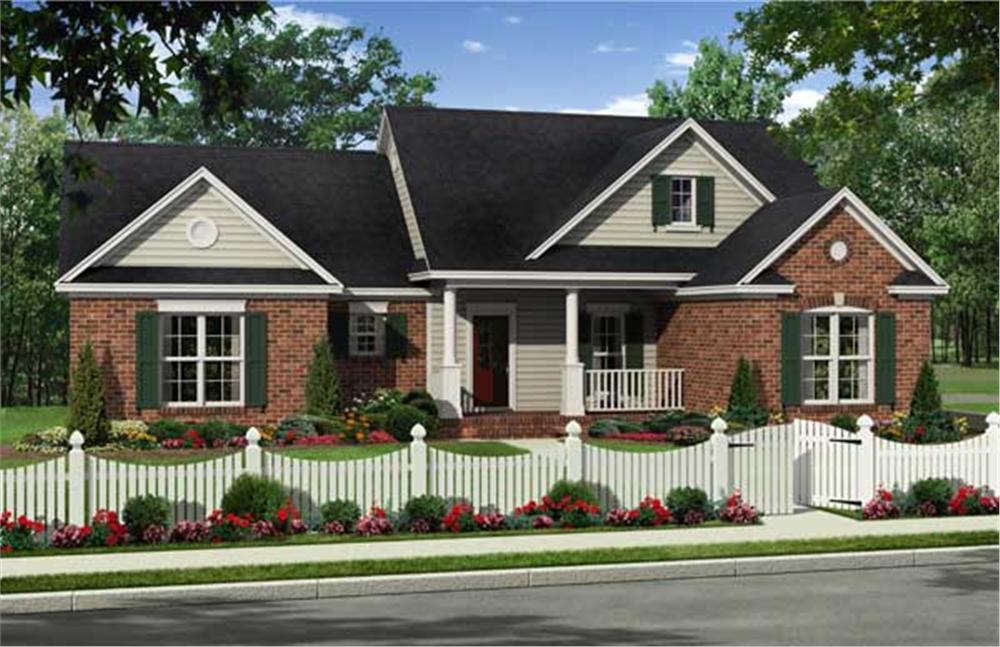 This is a colored front elevation of these Traditional Homeplans.