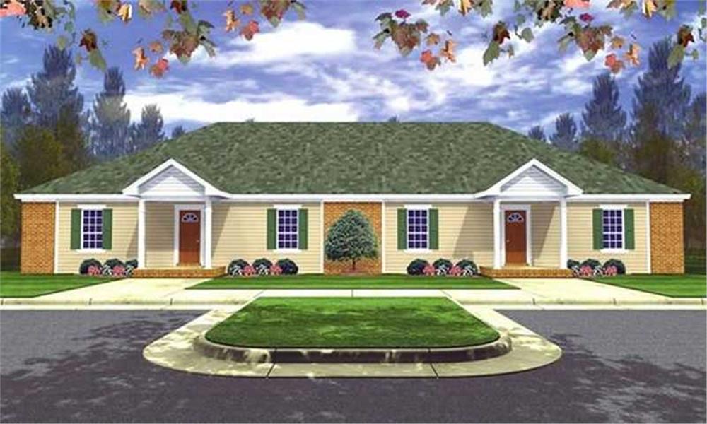 Front elevation of duplex home (ThePlanCollection: House Plan #141-1201)